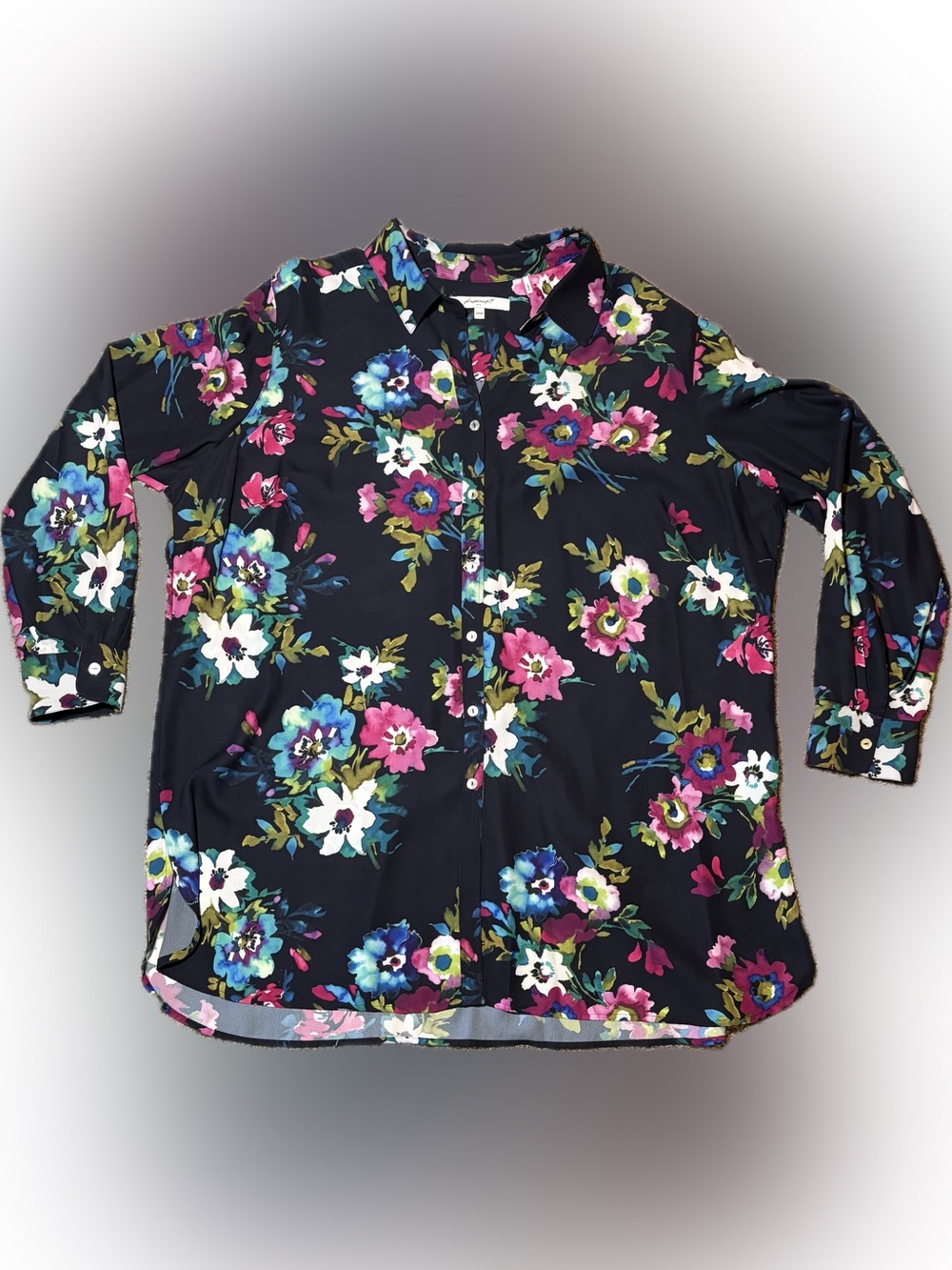 252 Foxcroft Floral Button-Down Blouse - Navy with Pink & Blue Flowers, 20W